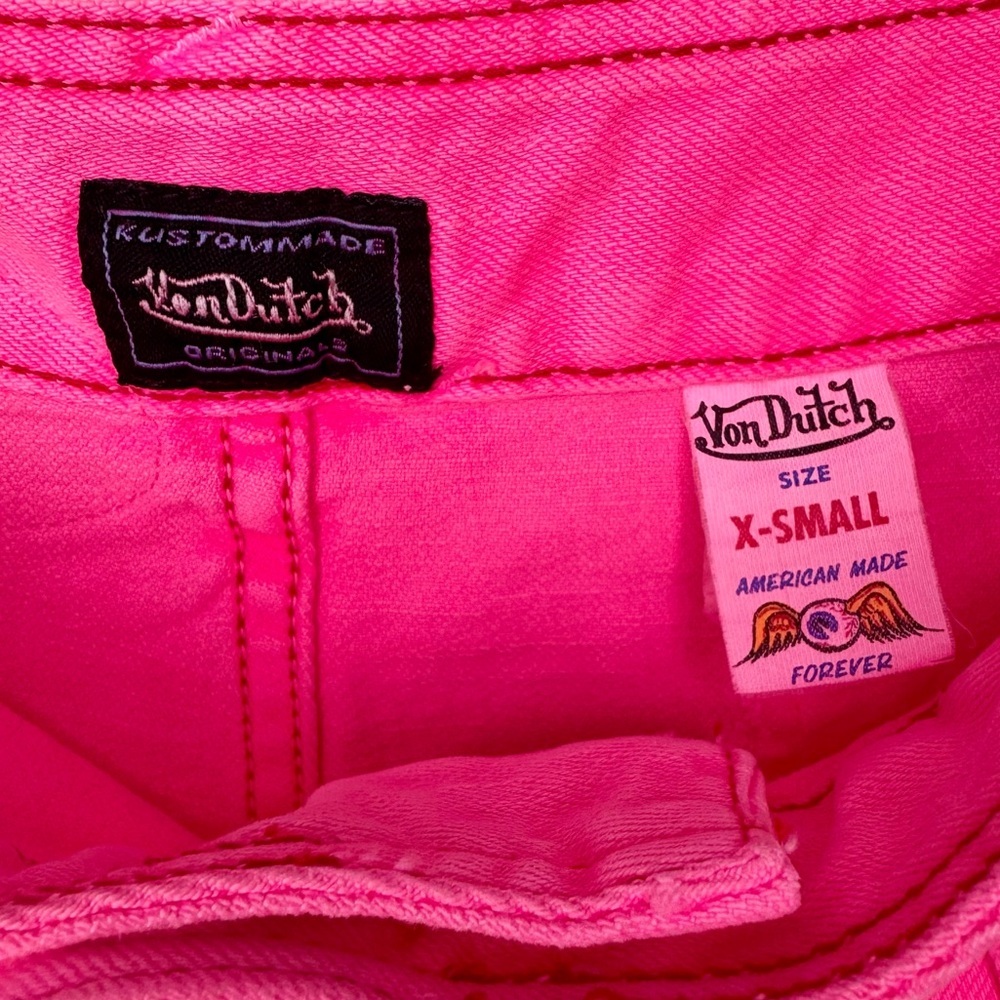 Vintage VTG Y2K Von Dutch Hot Pink Pleated Denim Mini Skirt McBling | Size XS - Picture 2 of 6